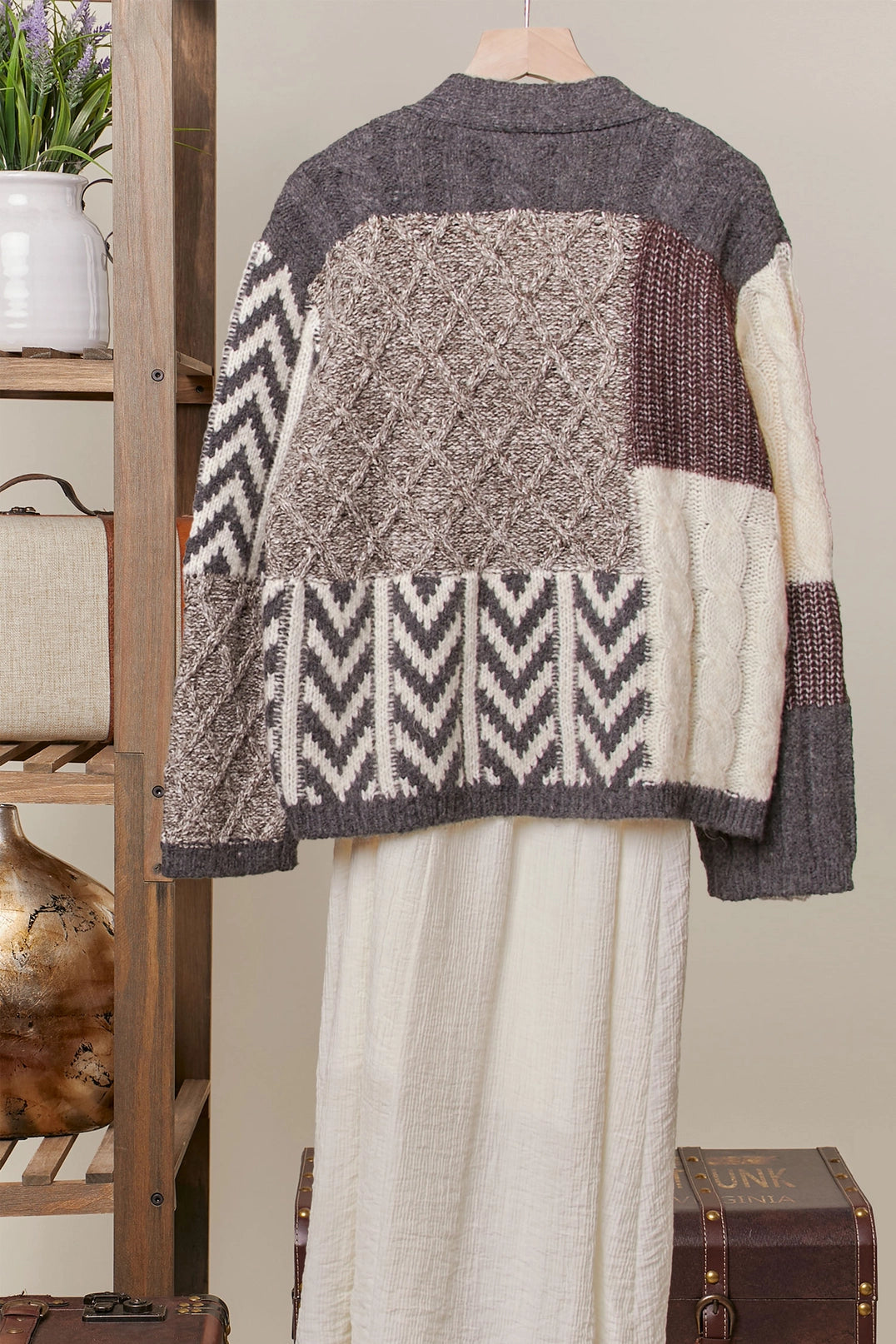 Classic Cardigan - Crocheted  Multi Color-Block, V-Neck