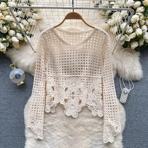 Beige Crochet Long Sleeve Top