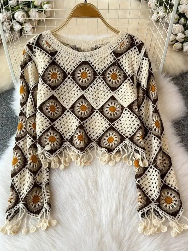 Brown & Beige Open Crochet Fringe Top