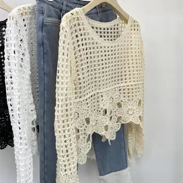 Beige Crochet Long Sleeve Top