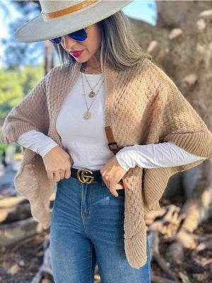 Taupe Ruffle Triangle Belted Shawl