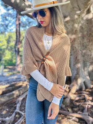 Taupe Ruffle Triangle Belted Shawl