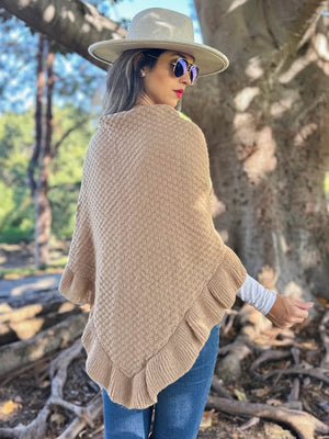 Taupe Ruffle Triangle Belted Shawl