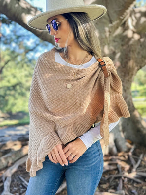 Taupe Ruffle Triangle Belted Shawl