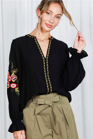 Floral Embroidered Black Boho Top