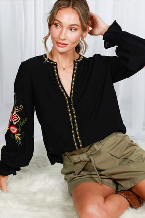Floral Embroidered Black Boho Top