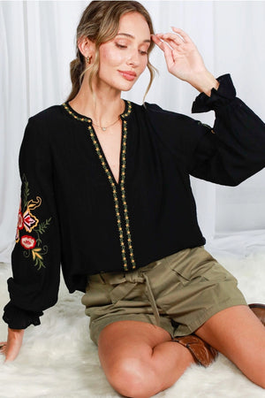 Floral Embroidered Black Boho Top