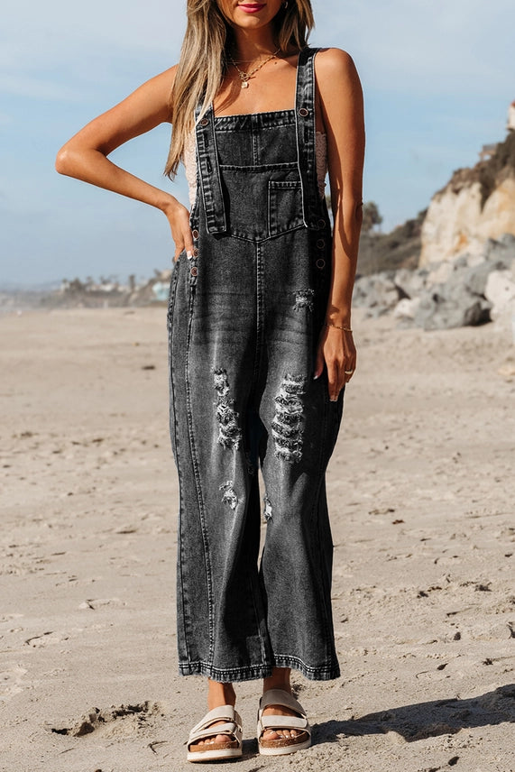 Black Distressed Denim Overalls