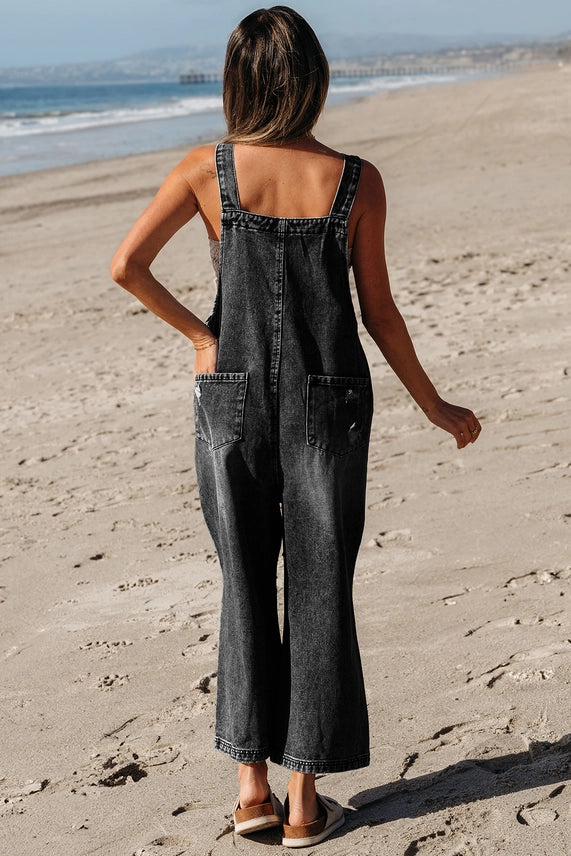 Black Distressed Denim Overalls