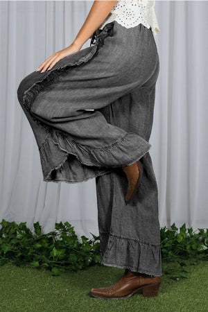 Flared Ruffle Hem Chambray Pants-Black