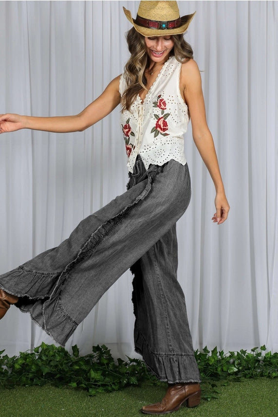 Flared Ruffle Hem Chambray Pants-Black