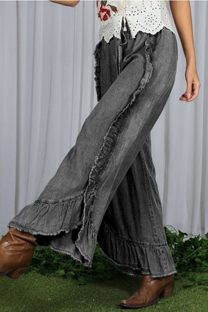 Flared Ruffle Hem Chambray Pants-Black