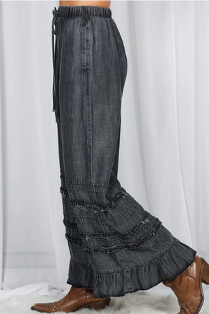 Tiered Ruffle Chambray Pants-Black