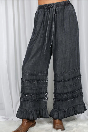 Tiered Ruffle Chambray Pants-Black