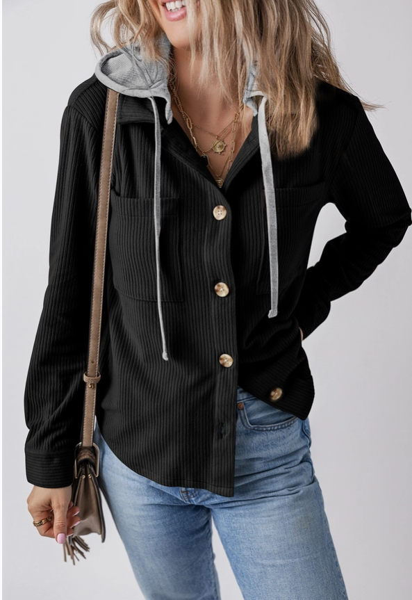 Black Corduroy Hooded Jacket