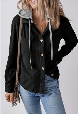 Black Corduroy Hooded Jacket