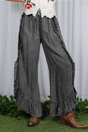Flared Ruffle Hem Chambray Pants-Black