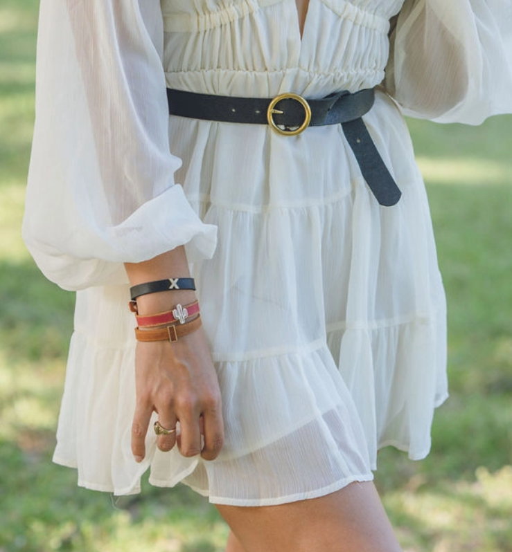 Black Leather Belt w/ Brass-Tones Circle Buckle