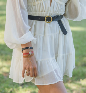 Black Leather Belt w/ Brass-Tones Circle Buckle