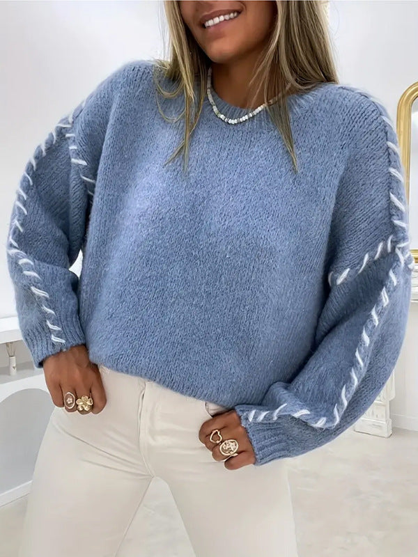 Blue Sweater with White Contrast Stitch