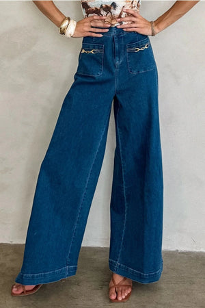 Hardware Accented Wide Leg Blue Jeans
