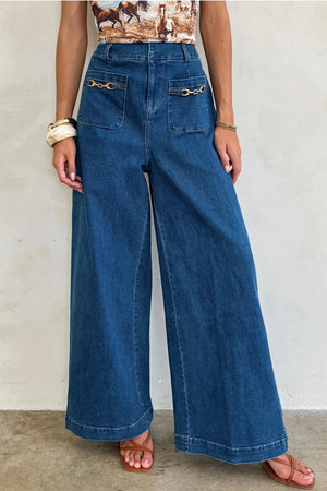 Hardware Accented Wide Leg Blue Jeans