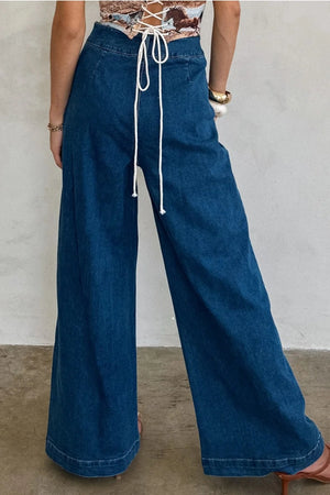 Hardware Accented Wide Leg Blue Jeans