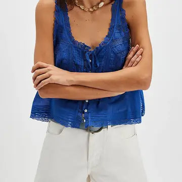 Blue Button Front Tank Top