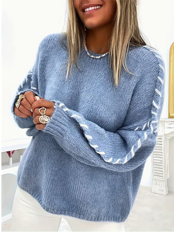 Blue Sweater with White Contrast Stitch