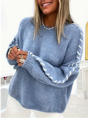 Blue Sweater with White Contrast Stitch