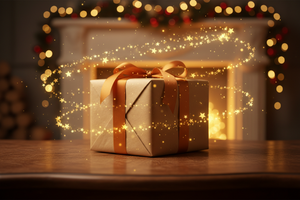 brown gift glowing stars