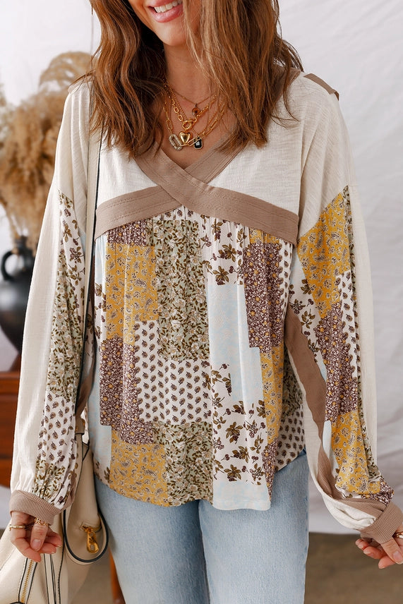 Brown Floral Patchwork Top