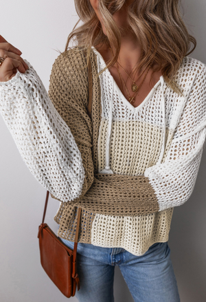 Brown Color Block Hollow Out Sweater