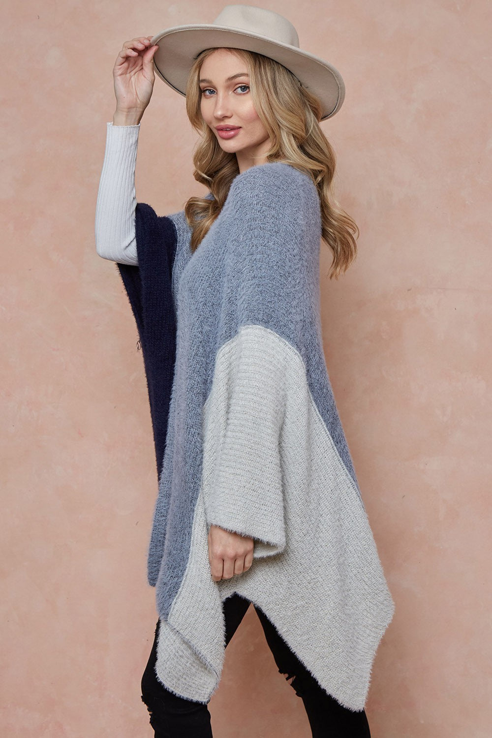 Blue-Grey Color Block Open Front Cardigan