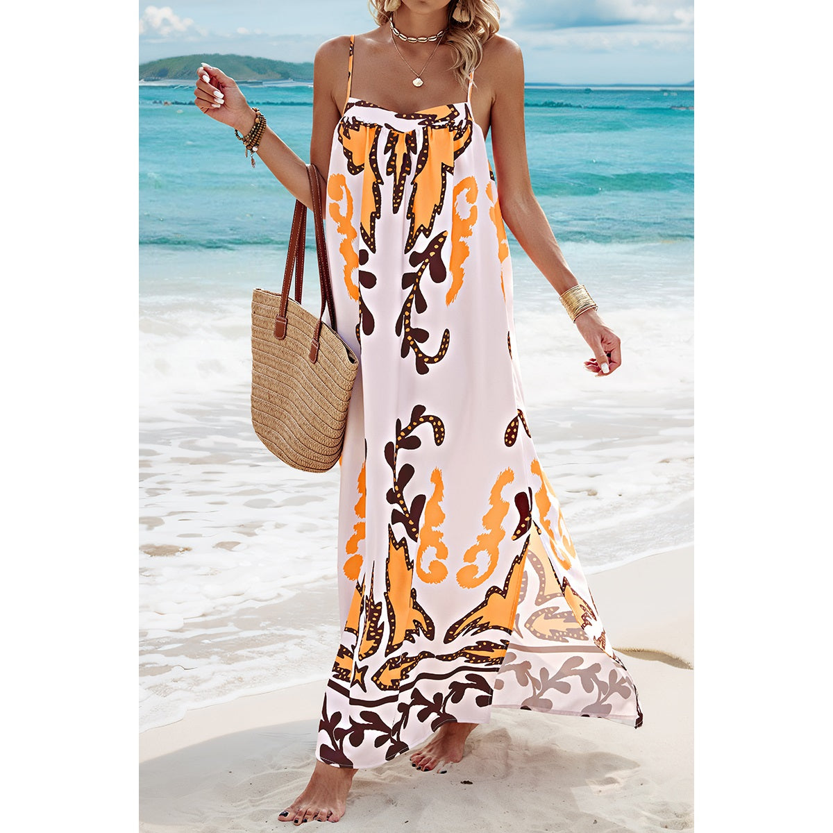 Orange Graphic Print Backless Cami Dress