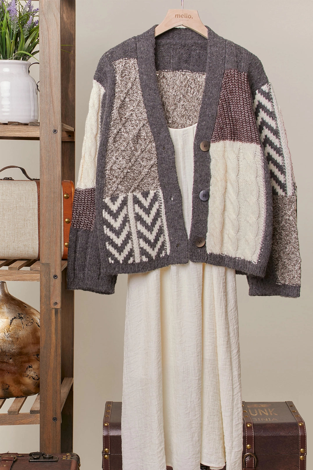 Classic Cardigan - Crocheted  Multi Color-Block, V-Neck