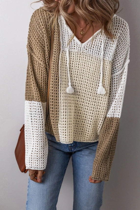 Brown Color Block Hollow Out Sweater