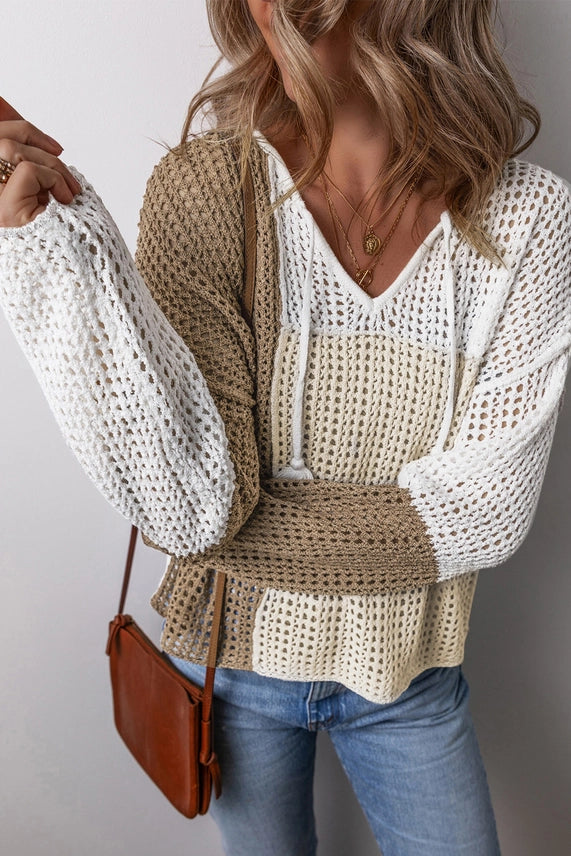 Brown Color Block Hollow Out Sweater