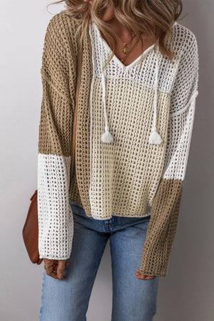 Brown Color Block Hollow Out Sweater