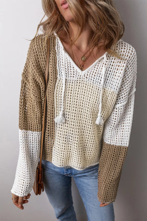 Brown Color Block Hollow Out Sweater