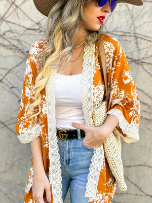 Copper Floral Print Kimono