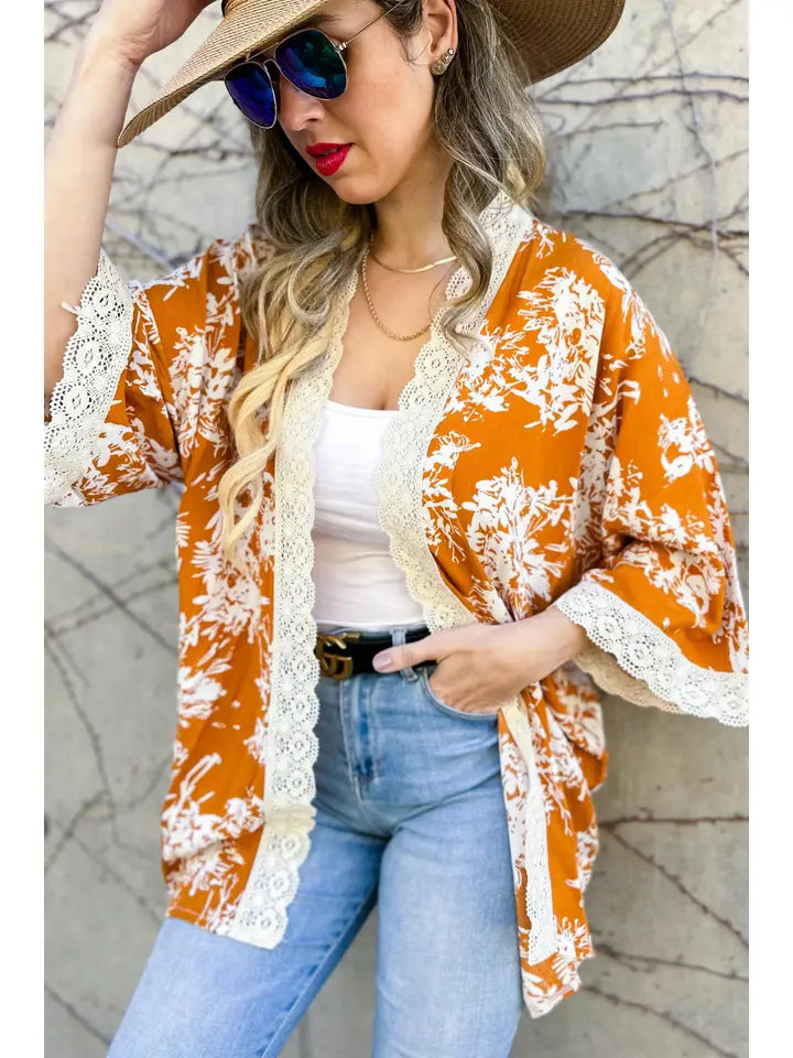 Copper Floral Print Kimono