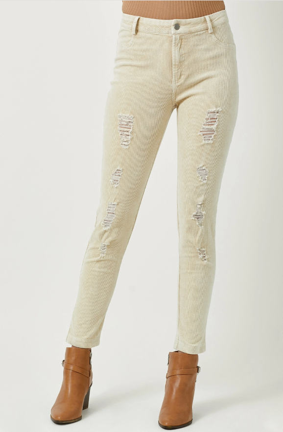 Almond Corduroy Stretch Pants- Distressed