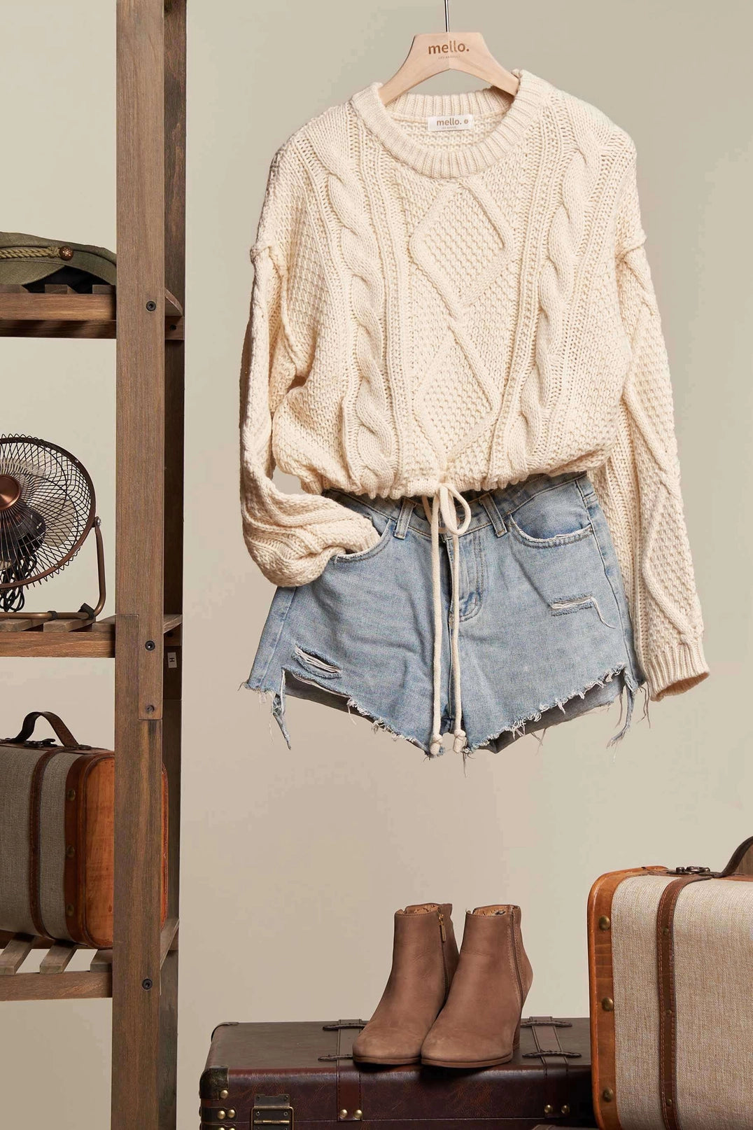 Cream Cable Knit Drawstring Sweater