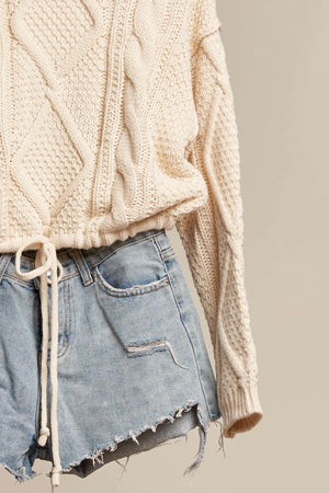 Cream Cable Knit Drawstring Sweater