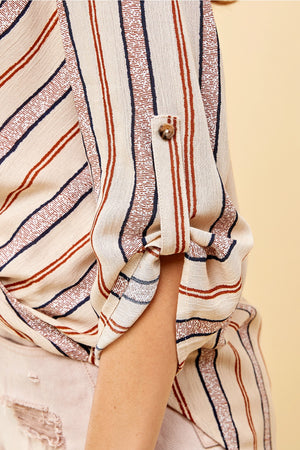 Blue & Orange Striped Roll Tab Sleeve Top