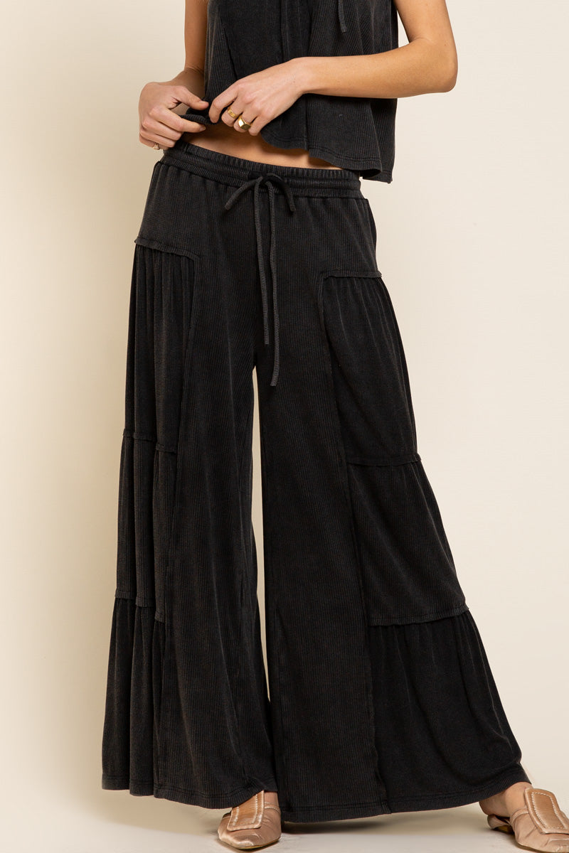 Black Wide Leg Ribbed Panel Pants