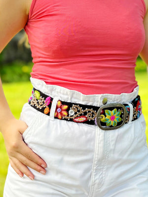 Hand Embroidered Belt Andean Blossom Black - Wide