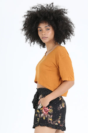 Black Floral Polka Dot Ruffled Shorts