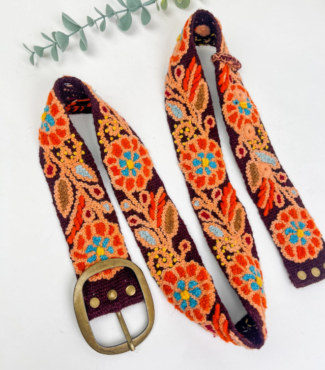 Hand Embroidered Belt Dahlia Burgundy - Wide